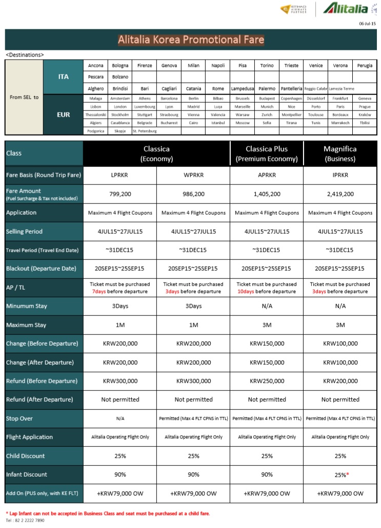 Alitalia Korea - Promotional Fare until July 27th 2015